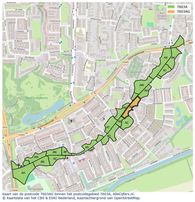 Afbeelding van het postcodegebied 7603 AG op de kaart.