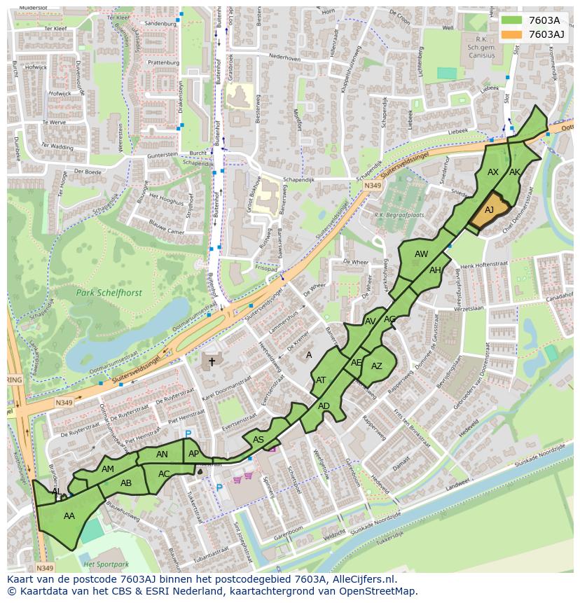 Afbeelding van het postcodegebied 7603 AJ op de kaart.