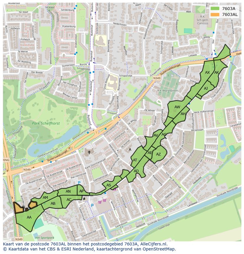 Afbeelding van het postcodegebied 7603 AL op de kaart.