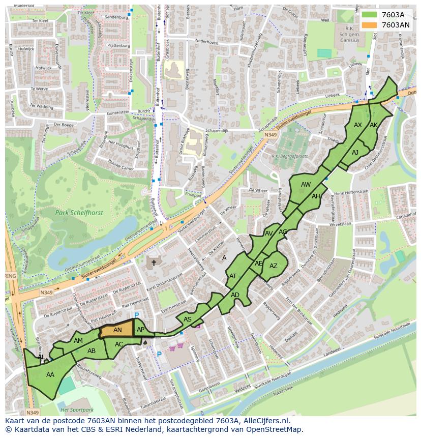 Afbeelding van het postcodegebied 7603 AN op de kaart.