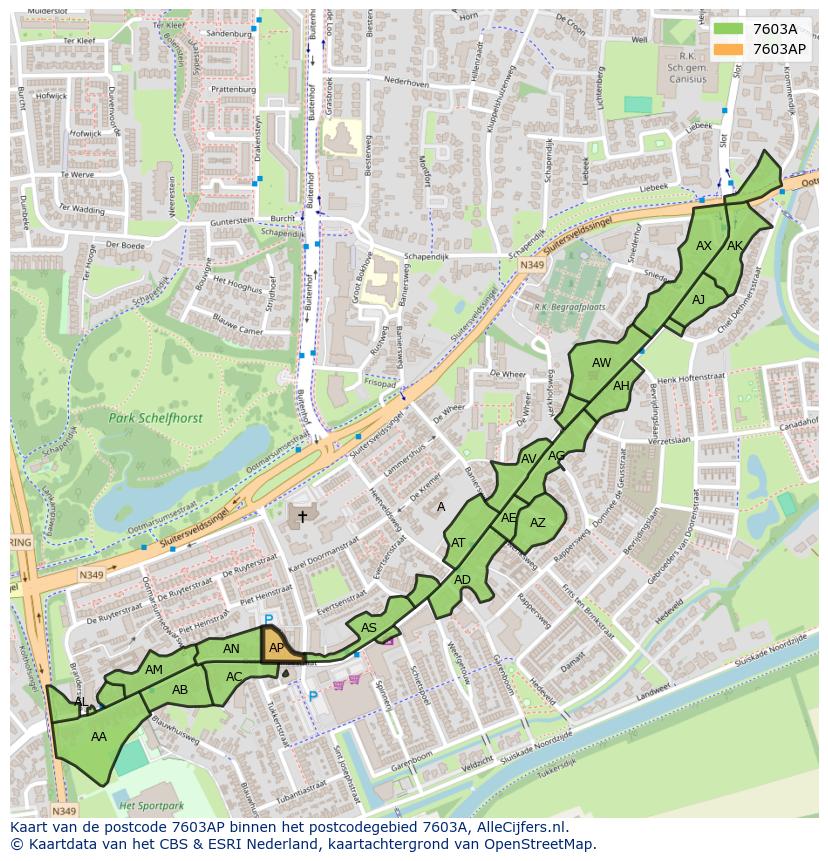 Afbeelding van het postcodegebied 7603 AP op de kaart.