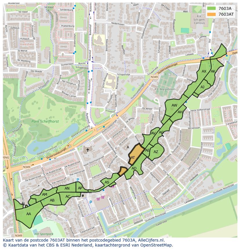 Afbeelding van het postcodegebied 7603 AT op de kaart.