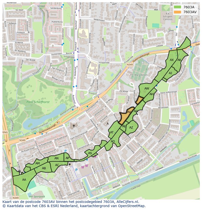 Afbeelding van het postcodegebied 7603 AV op de kaart.