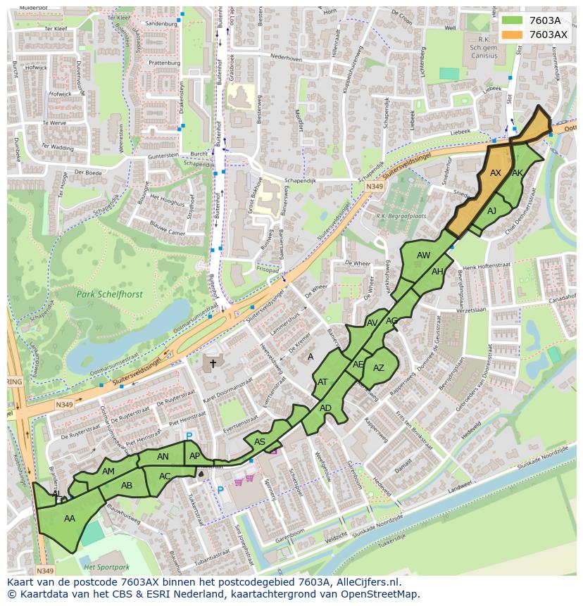 Afbeelding van het postcodegebied 7603 AX op de kaart.