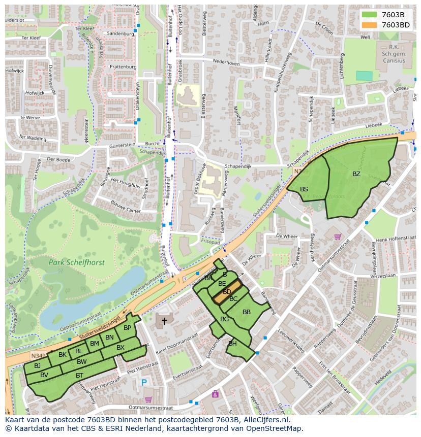 Afbeelding van het postcodegebied 7603 BD op de kaart.