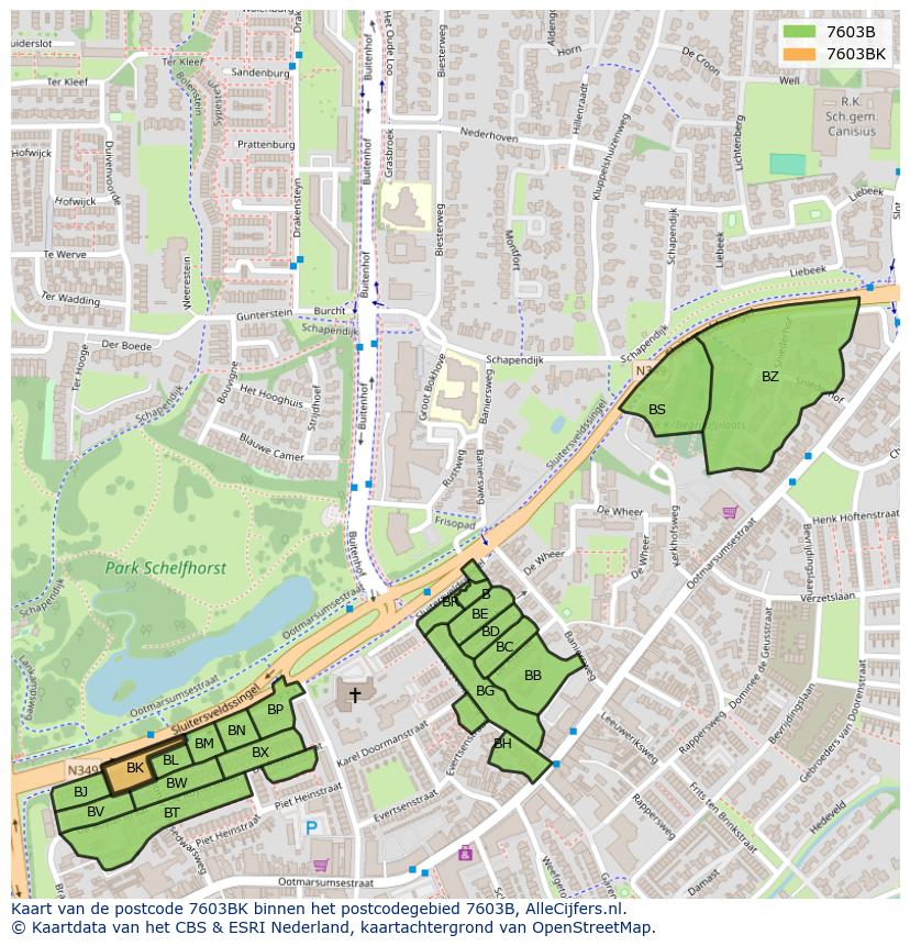 Afbeelding van het postcodegebied 7603 BK op de kaart.