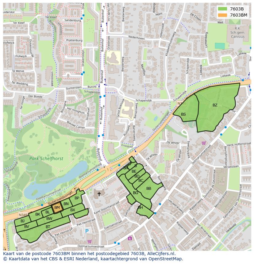 Afbeelding van het postcodegebied 7603 BM op de kaart.