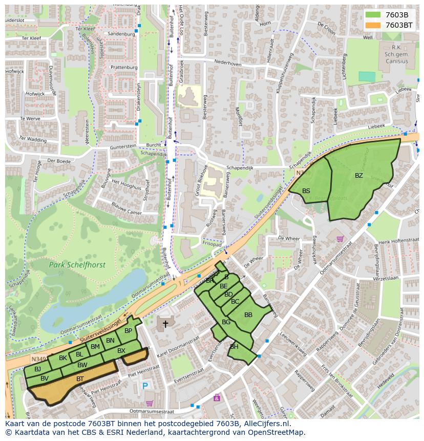 Afbeelding van het postcodegebied 7603 BT op de kaart.