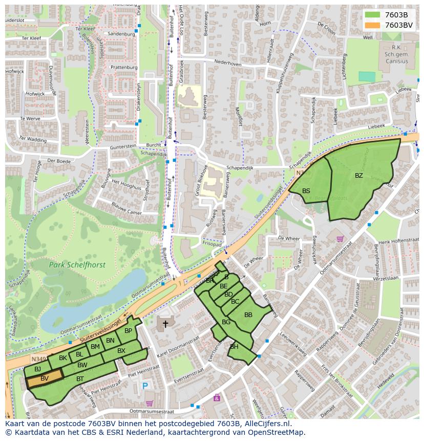 Afbeelding van het postcodegebied 7603 BV op de kaart.
