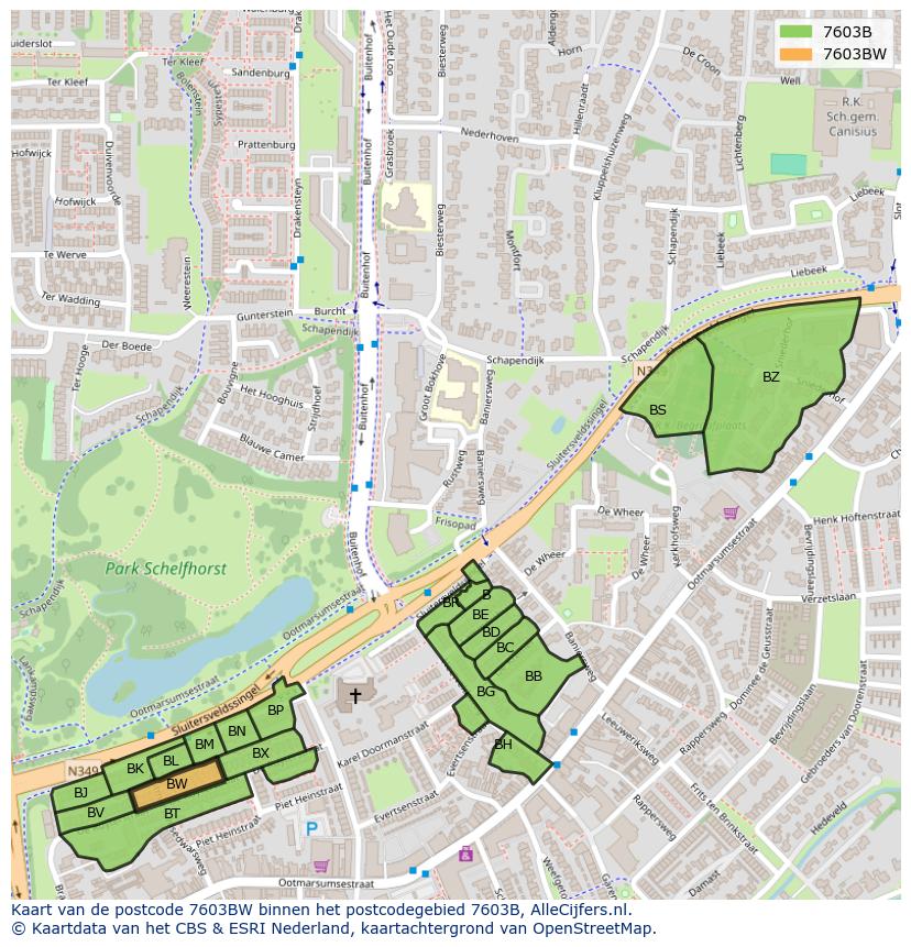 Afbeelding van het postcodegebied 7603 BW op de kaart.