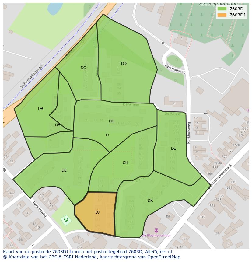 Afbeelding van het postcodegebied 7603 DJ op de kaart.