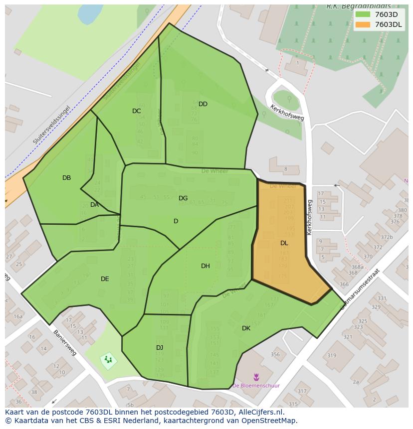 Afbeelding van het postcodegebied 7603 DL op de kaart.