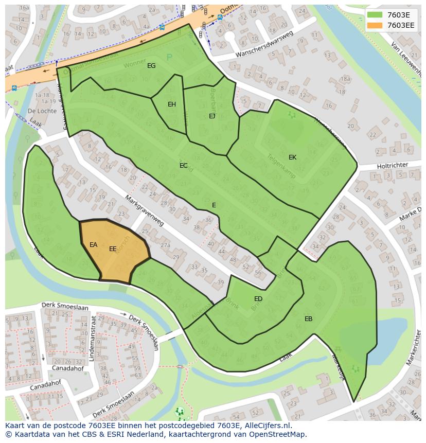 Afbeelding van het postcodegebied 7603 EE op de kaart.