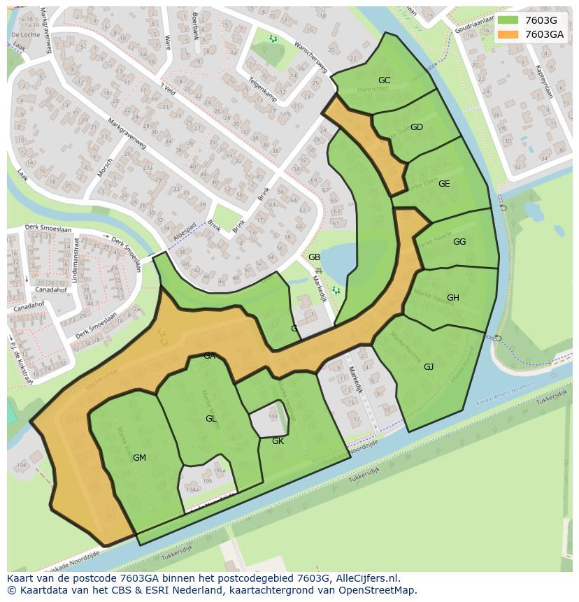 Afbeelding van het postcodegebied 7603 GA op de kaart.