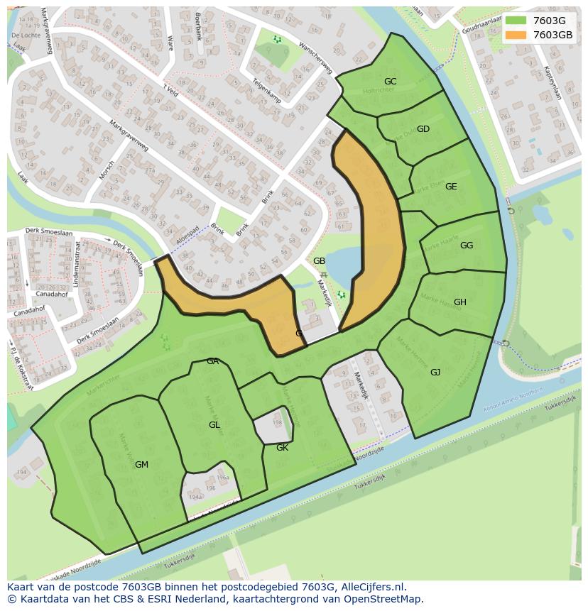 Afbeelding van het postcodegebied 7603 GB op de kaart.