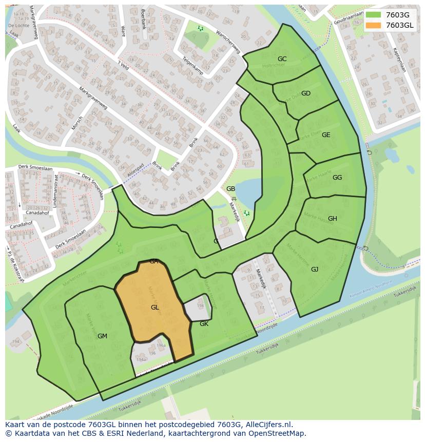 Afbeelding van het postcodegebied 7603 GL op de kaart.