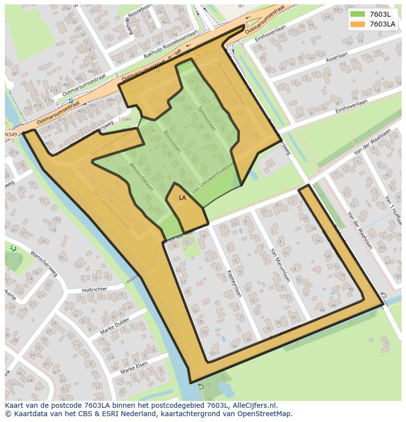 Afbeelding van het postcodegebied 7603 LA op de kaart.