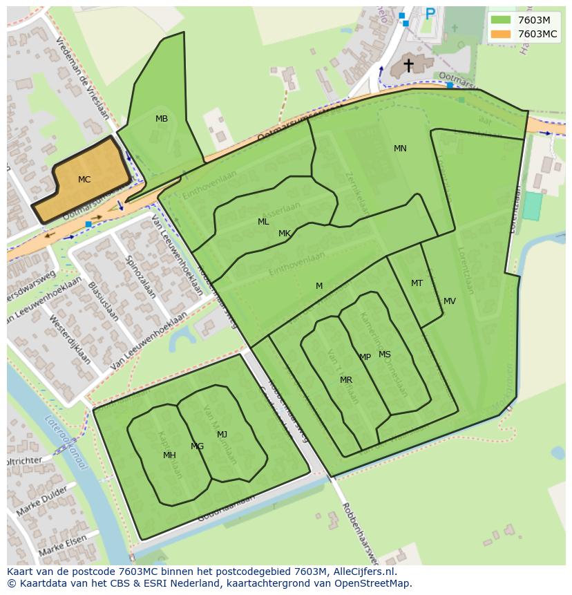 Afbeelding van het postcodegebied 7603 MC op de kaart.