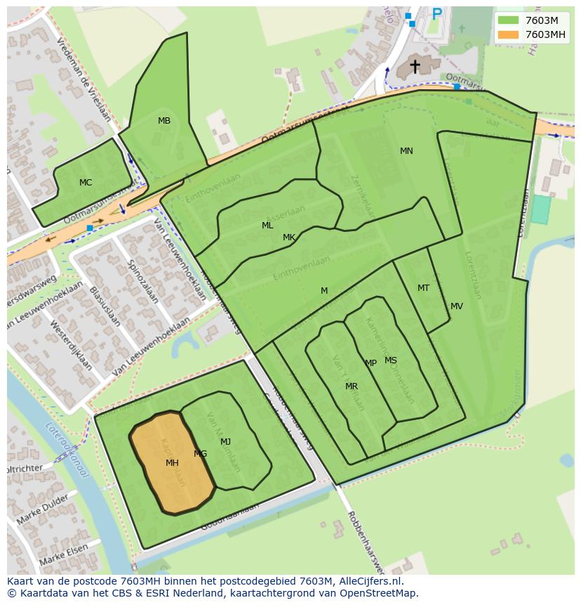 Afbeelding van het postcodegebied 7603 MH op de kaart.