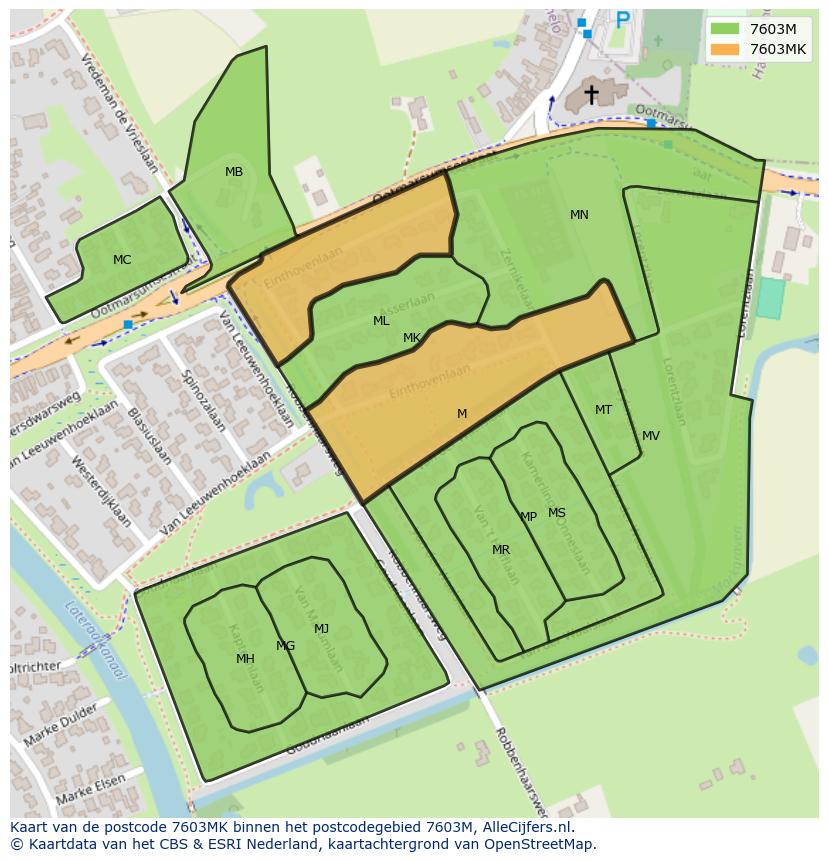 Afbeelding van het postcodegebied 7603 MK op de kaart.