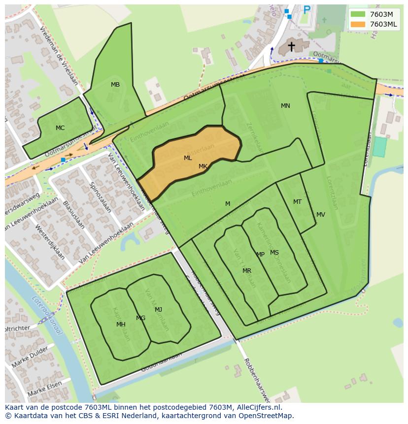 Afbeelding van het postcodegebied 7603 ML op de kaart.