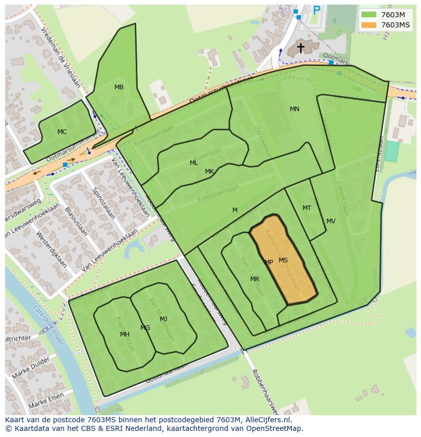 Afbeelding van het postcodegebied 7603 MS op de kaart.