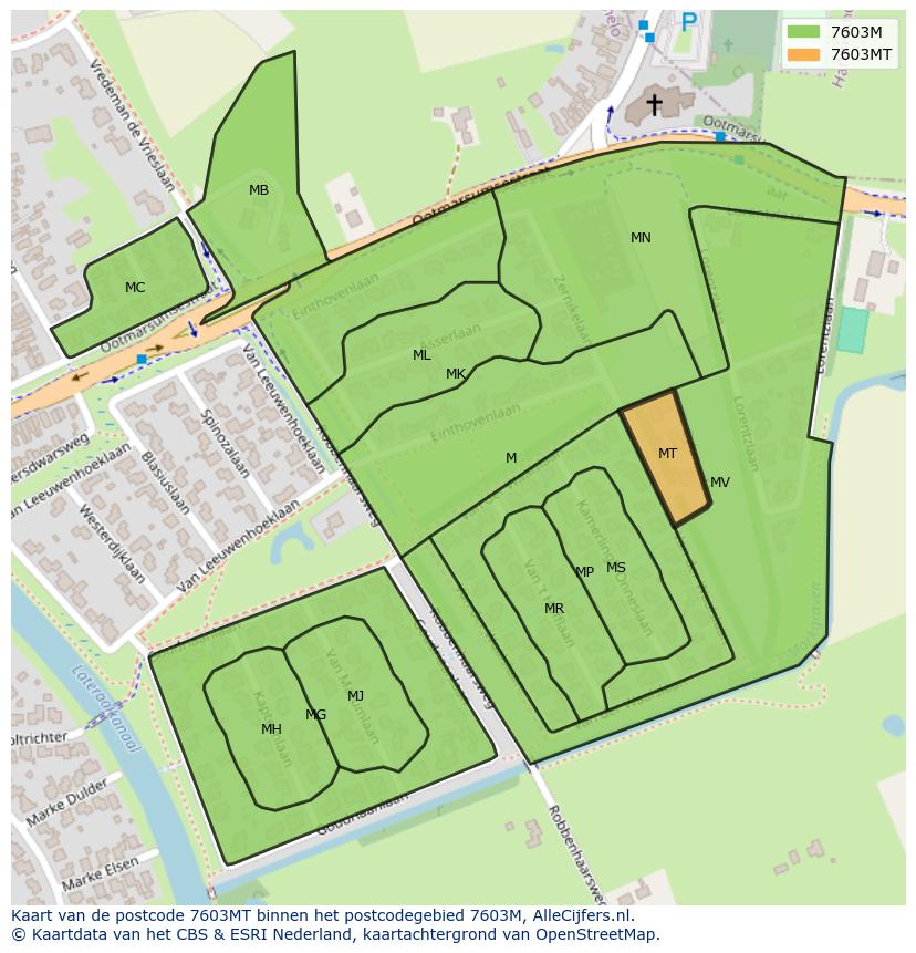 Afbeelding van het postcodegebied 7603 MT op de kaart.