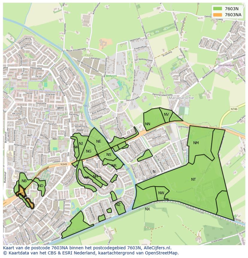 Afbeelding van het postcodegebied 7603 NA op de kaart.