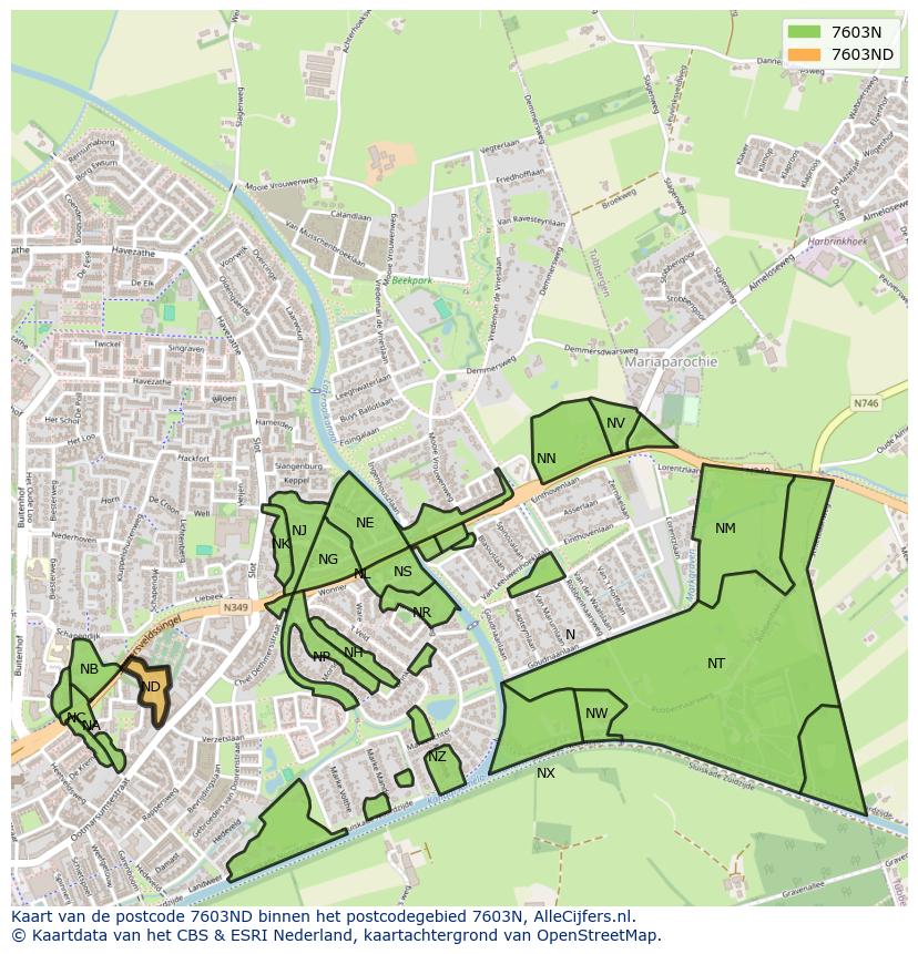 Afbeelding van het postcodegebied 7603 ND op de kaart.