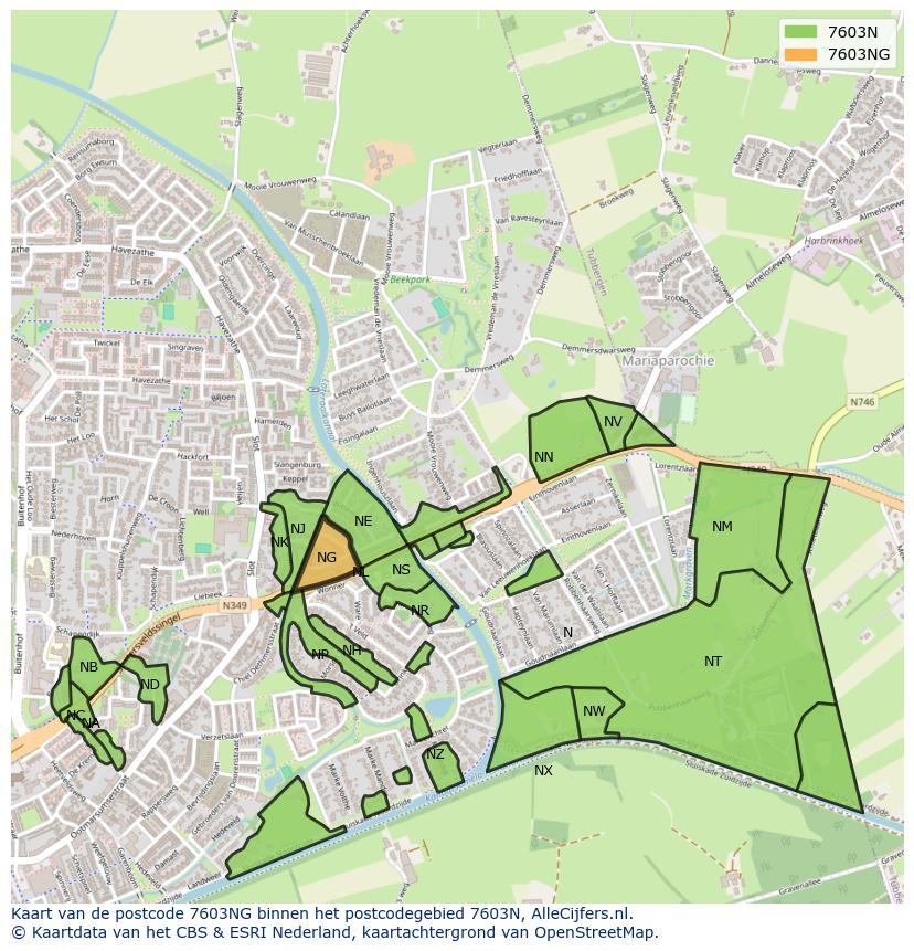 Afbeelding van het postcodegebied 7603 NG op de kaart.