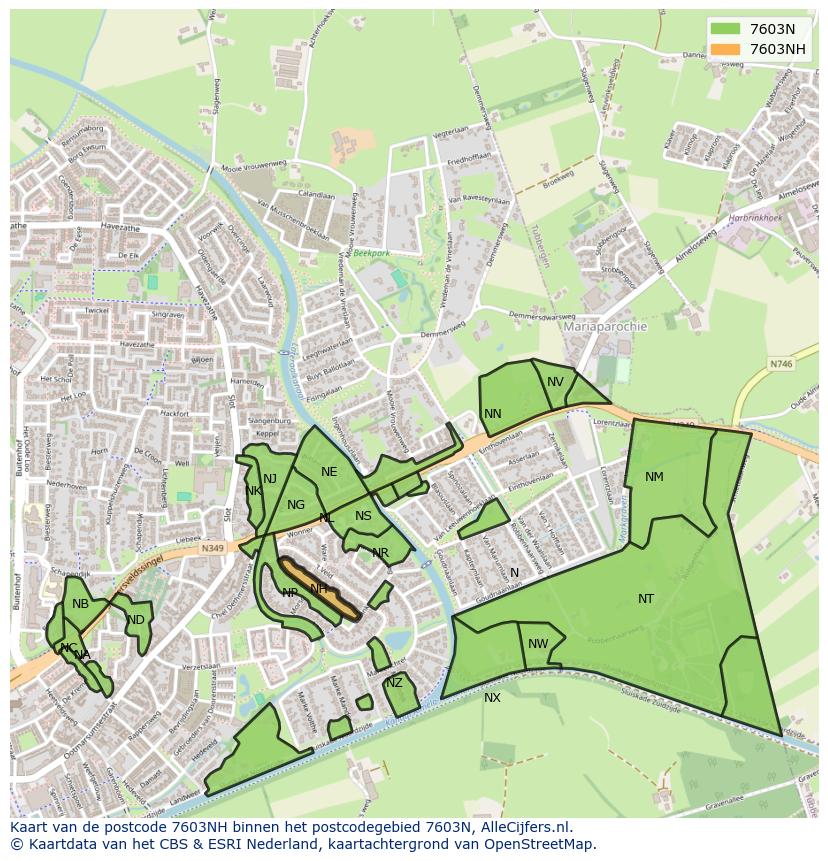 Afbeelding van het postcodegebied 7603 NH op de kaart.
