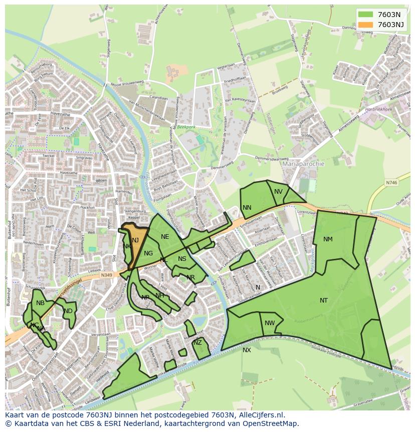 Afbeelding van het postcodegebied 7603 NJ op de kaart.