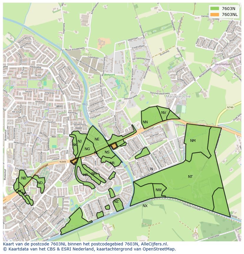 Afbeelding van het postcodegebied 7603 NL op de kaart.