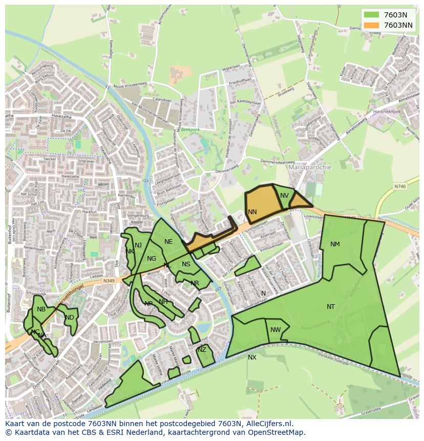 Afbeelding van het postcodegebied 7603 NN op de kaart.