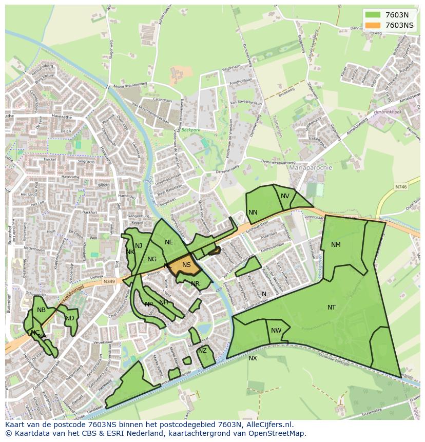Afbeelding van het postcodegebied 7603 NS op de kaart.