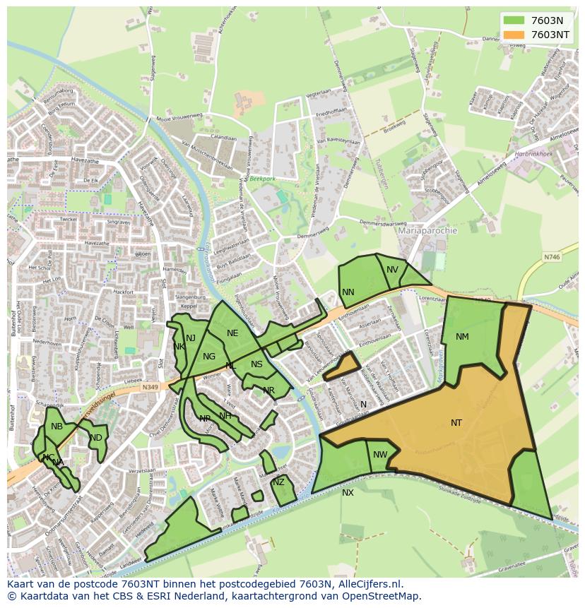 Afbeelding van het postcodegebied 7603 NT op de kaart.