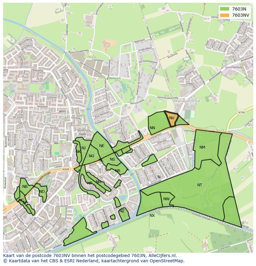 Afbeelding van het postcodegebied 7603 NV op de kaart.