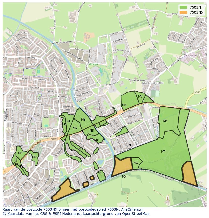 Afbeelding van het postcodegebied 7603 NX op de kaart.