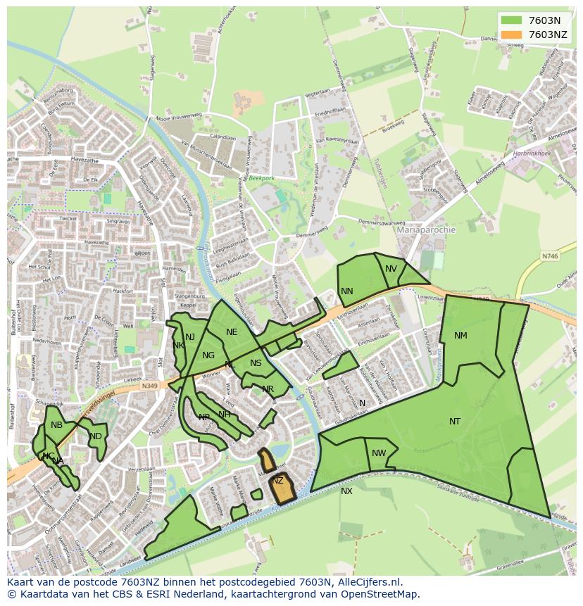 Afbeelding van het postcodegebied 7603 NZ op de kaart.