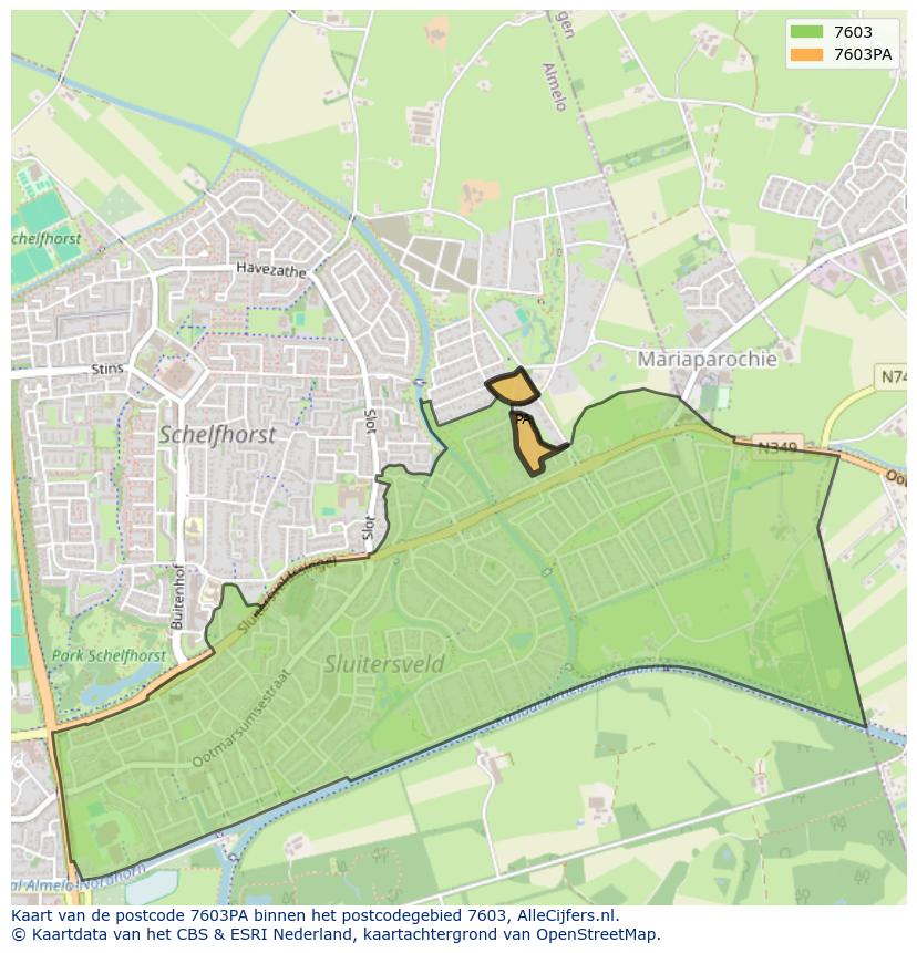 Afbeelding van het postcodegebied 7603 PA op de kaart.