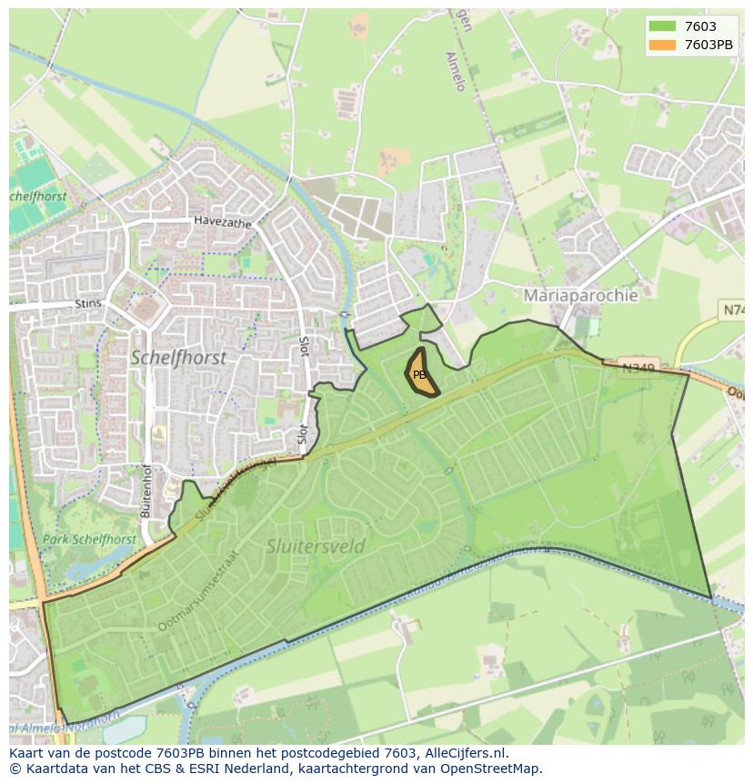 Afbeelding van het postcodegebied 7603 PB op de kaart.