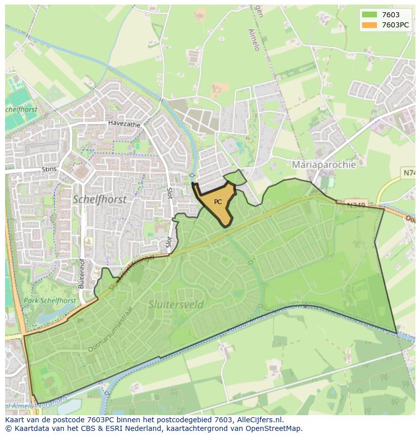 Afbeelding van het postcodegebied 7603 PC op de kaart.