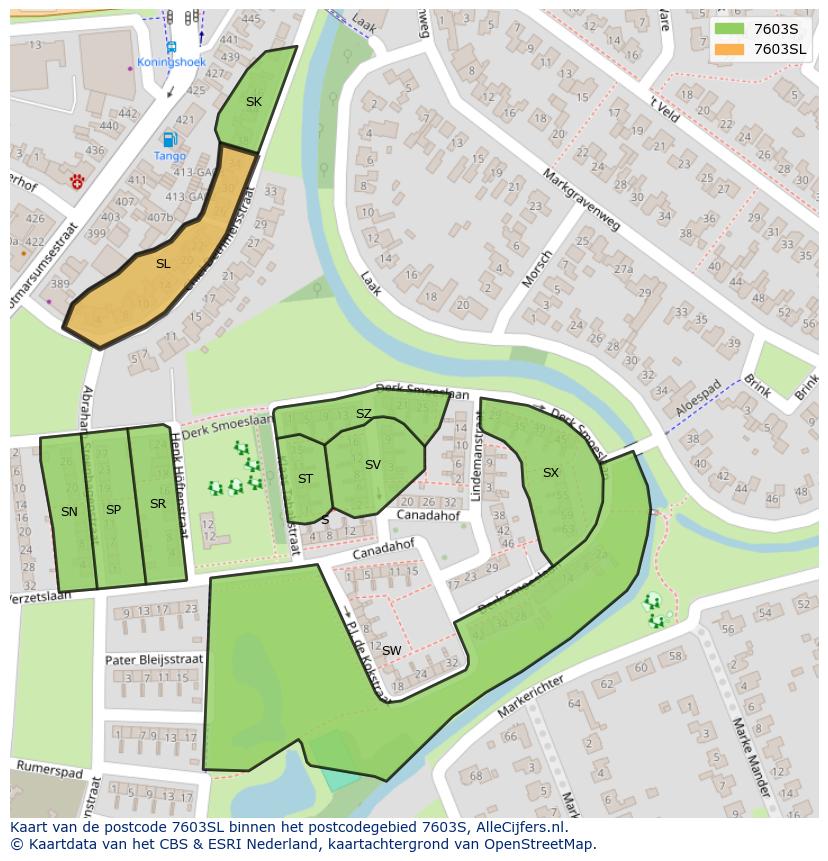 Afbeelding van het postcodegebied 7603 SL op de kaart.