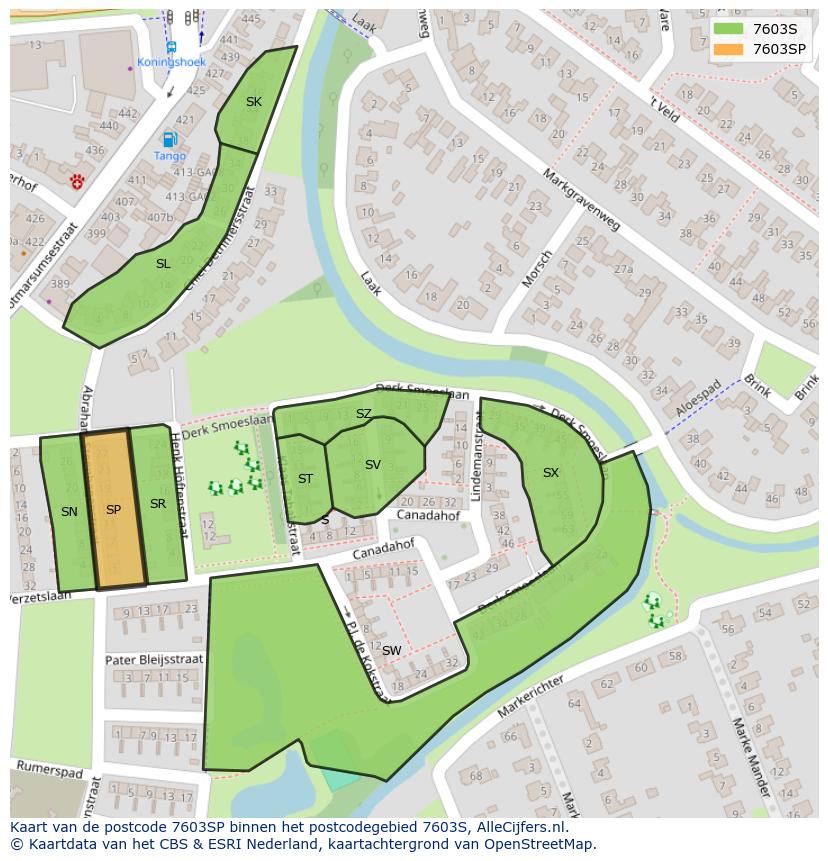 Afbeelding van het postcodegebied 7603 SP op de kaart.