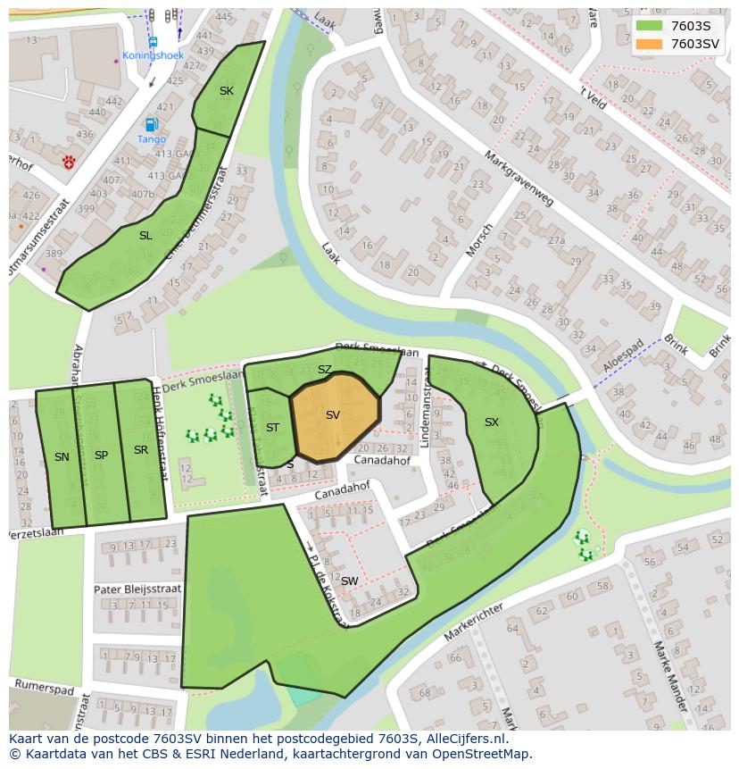 Afbeelding van het postcodegebied 7603 SV op de kaart.