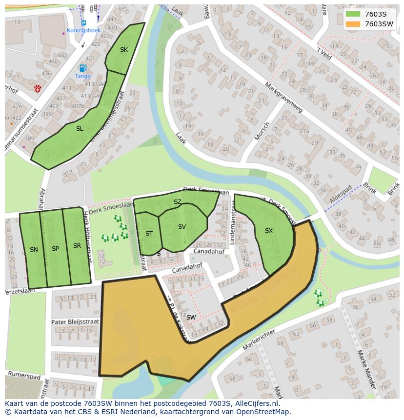 Afbeelding van het postcodegebied 7603 SW op de kaart.
