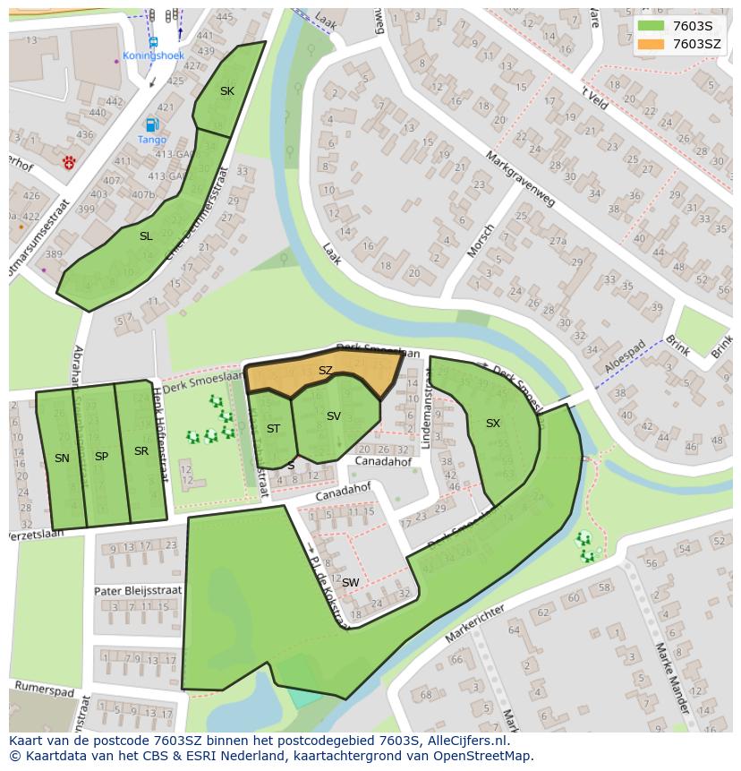 Afbeelding van het postcodegebied 7603 SZ op de kaart.