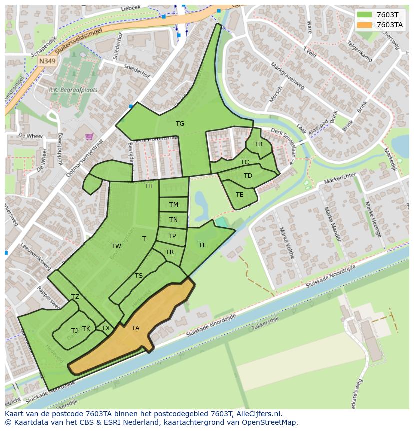 Afbeelding van het postcodegebied 7603 TA op de kaart.