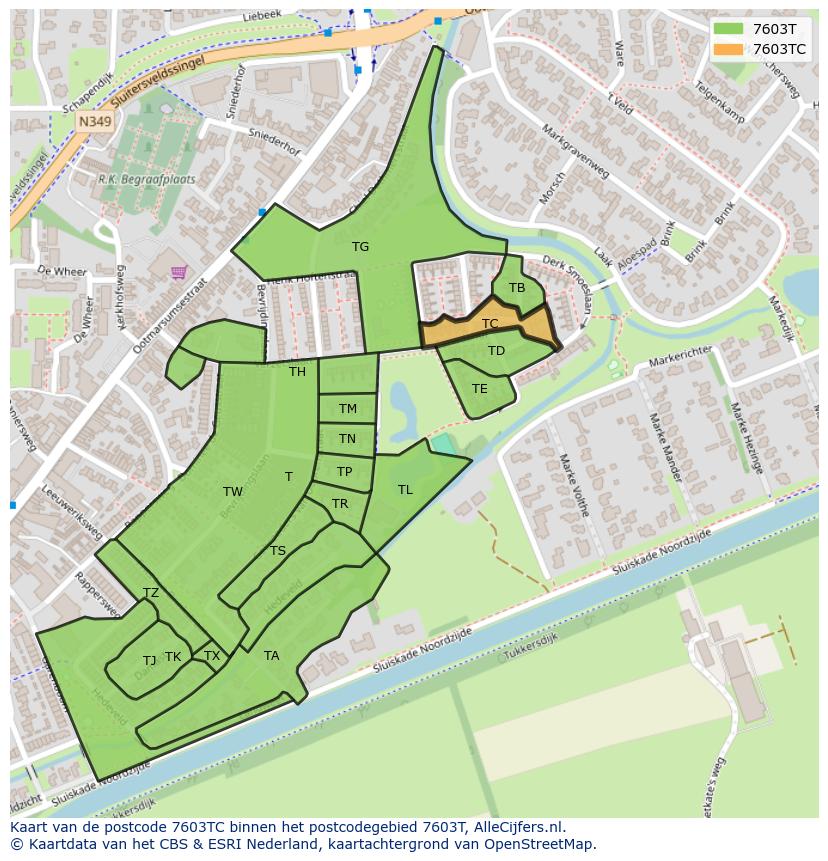 Afbeelding van het postcodegebied 7603 TC op de kaart.