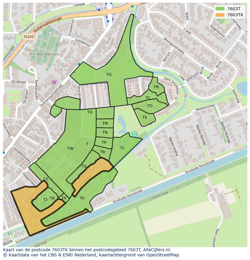Afbeelding van het postcodegebied 7603 TK op de kaart.